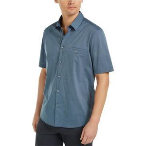 Alfani Mens Stretch Modern Button Up Shirt, Blue, S Neck, DM